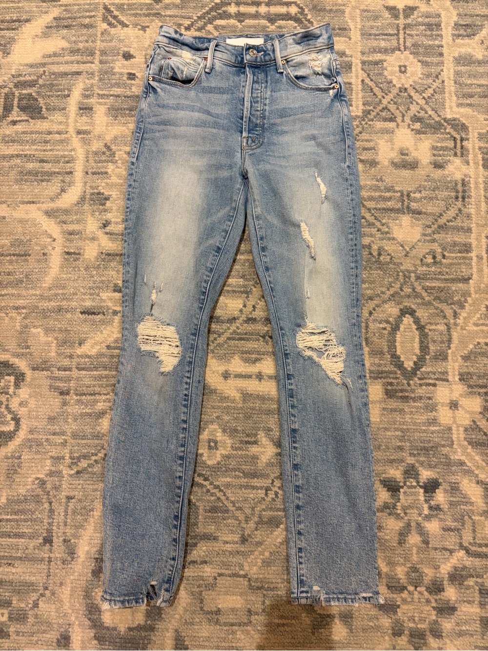 MOTHER Light Blue Straight-Leg Distressed Jeans